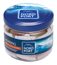 Load image into Gallery viewer, NORD PORT Lightly Salted Atlantic Herring Pieces in Oil - glass jars 290g/6pack
