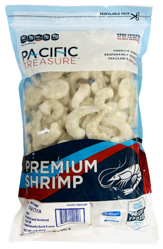PACIFIC TREASURE Uncooked Shrimp, Peeled & Deveined, Tail Off (51/60 ct/lb)  2lb/5pack