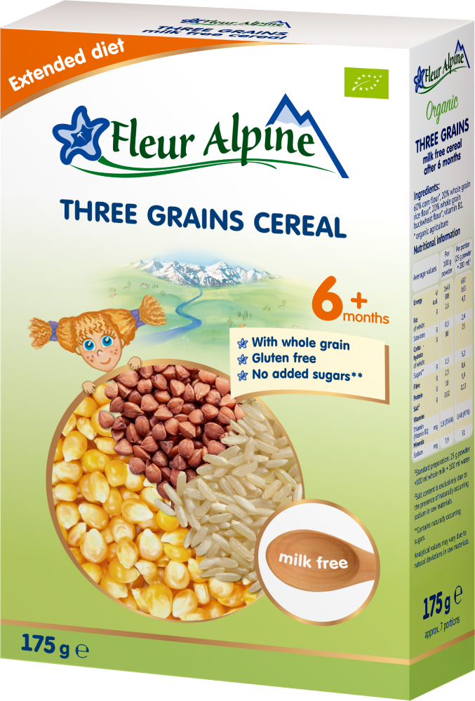 FLEUR ALPINE Organic Three Grains Cereal, No Milk 175g/6pack