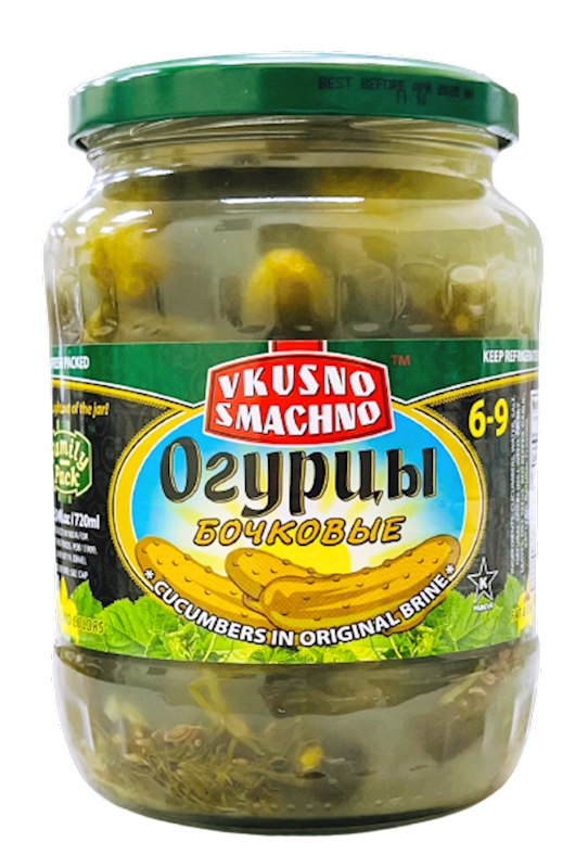 VKUSNO SMACHNO Cucumbers in Original Brine, Bochkovie 720ml/12pack
