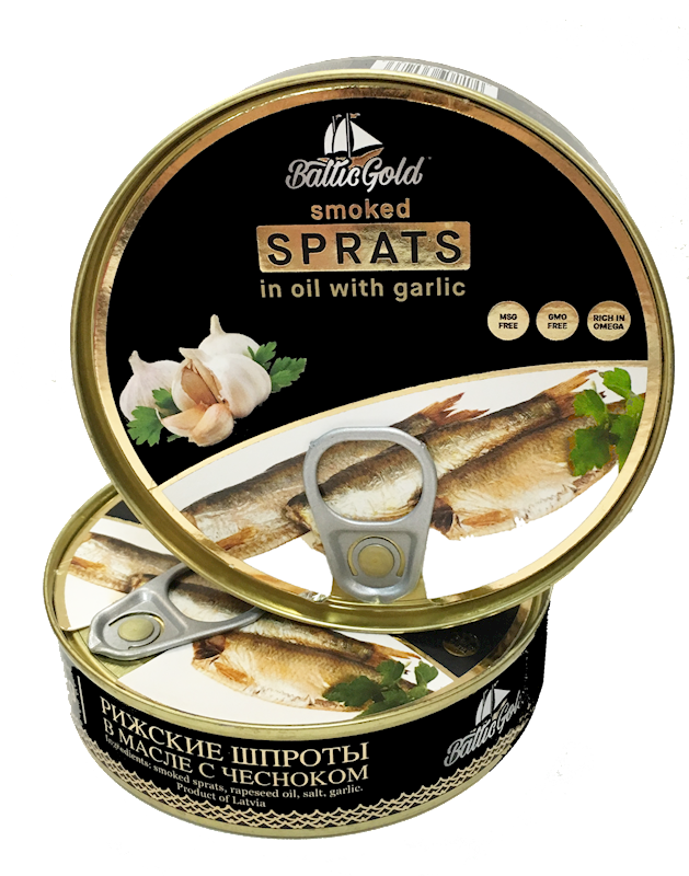 BALTIC GOLD Smoked Riga Sprats in Oil with Garlic 160g/36pack