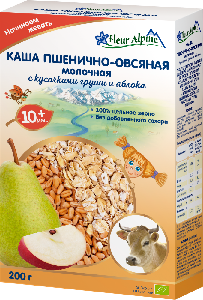 FLEUR ALPINE Organic Wheat & Oat Cereal with Pieces of Pear and Apple with Cow's Milk 175g/6pack (Copy)