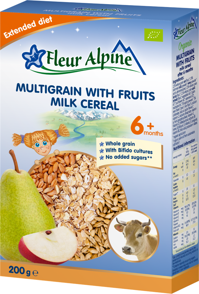 FLEUR ALPINE Organic Multi-Grain & Fruit Cereal with Cow's Milk 200g/6pack