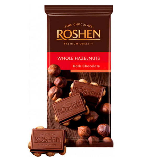 Roshen Chocolate Bar Extra Dark W/Whole Hazelnuts 90g/18pack