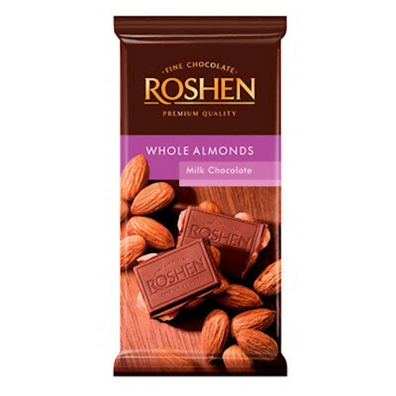 Roshen Milk Chocolate Bar W/Whole Almonds 90g/21pack