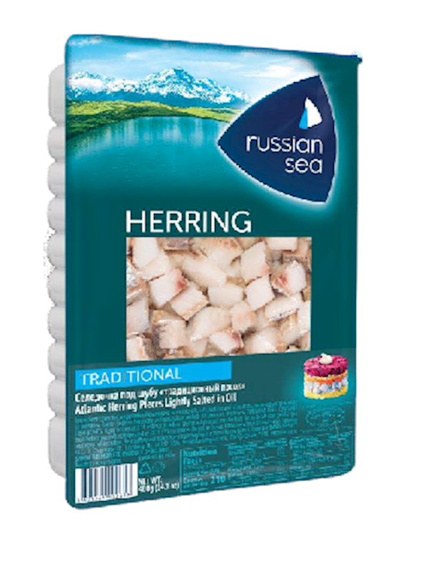 RUSSIAN SEA Lightly Salted Atlantic Herring Pieces in Oil -  for Shuba Salad 400g/6pack