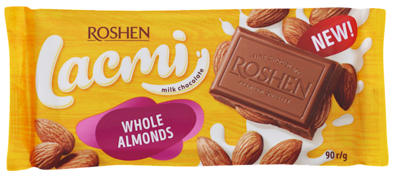 Roshen Milk Chocolate Bar Lacmi, W/Whole Almonds 90g/21pack