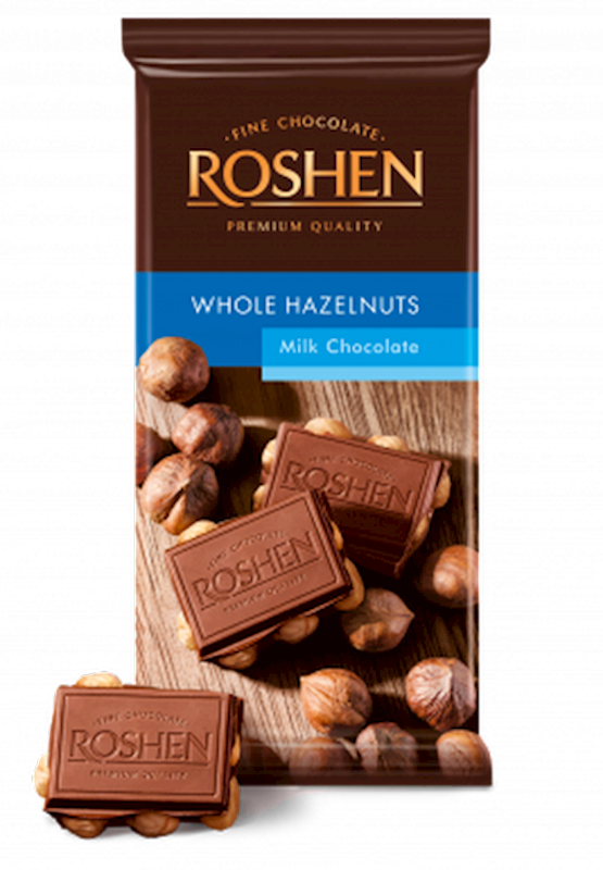 Roshen Milk Chocolate Bar W/Whole Hazelnuts 90g/18pack